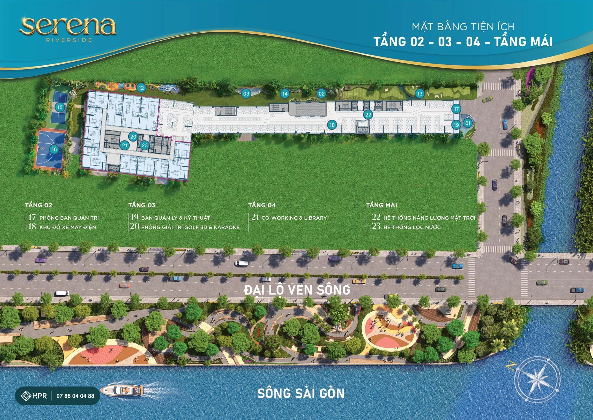 Mặt bằng tiện ích tầng 2, 3, 4 và mái Serena Riverside