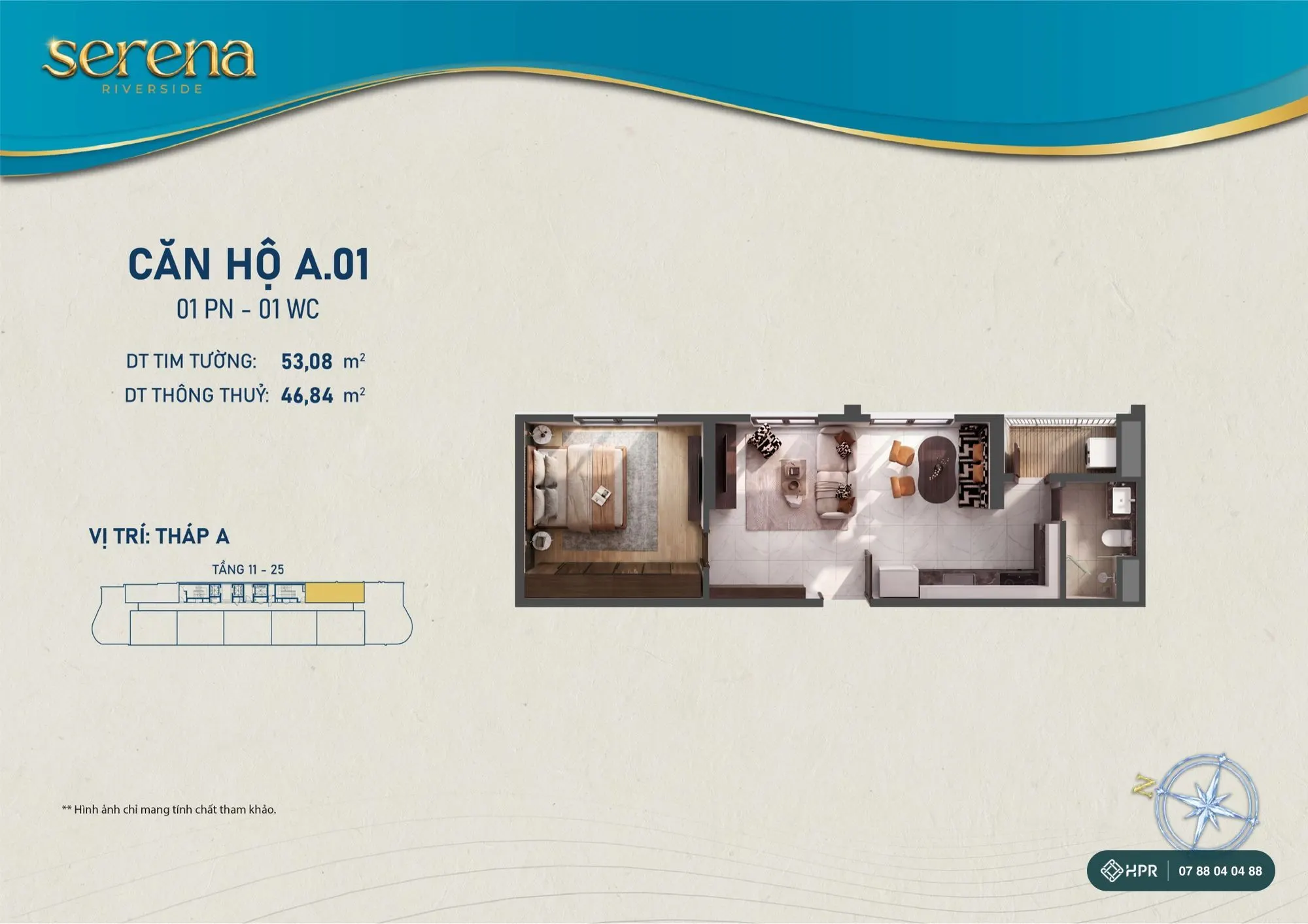Layout căn hộ 1 phòng ngủ A.01 Serena Riverside