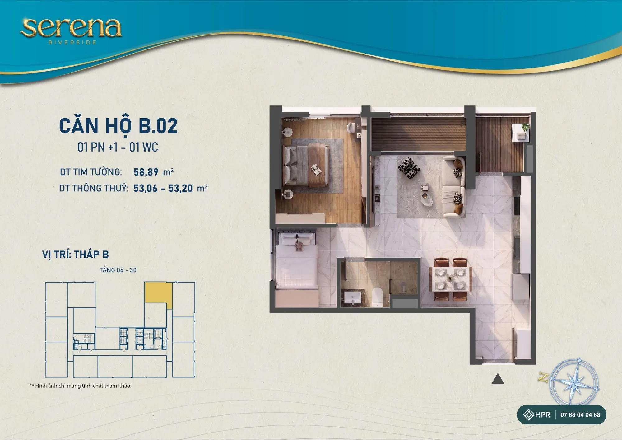 Layout căn hộ 1 phòng ngủ + 1 B.02 Serena Riverside