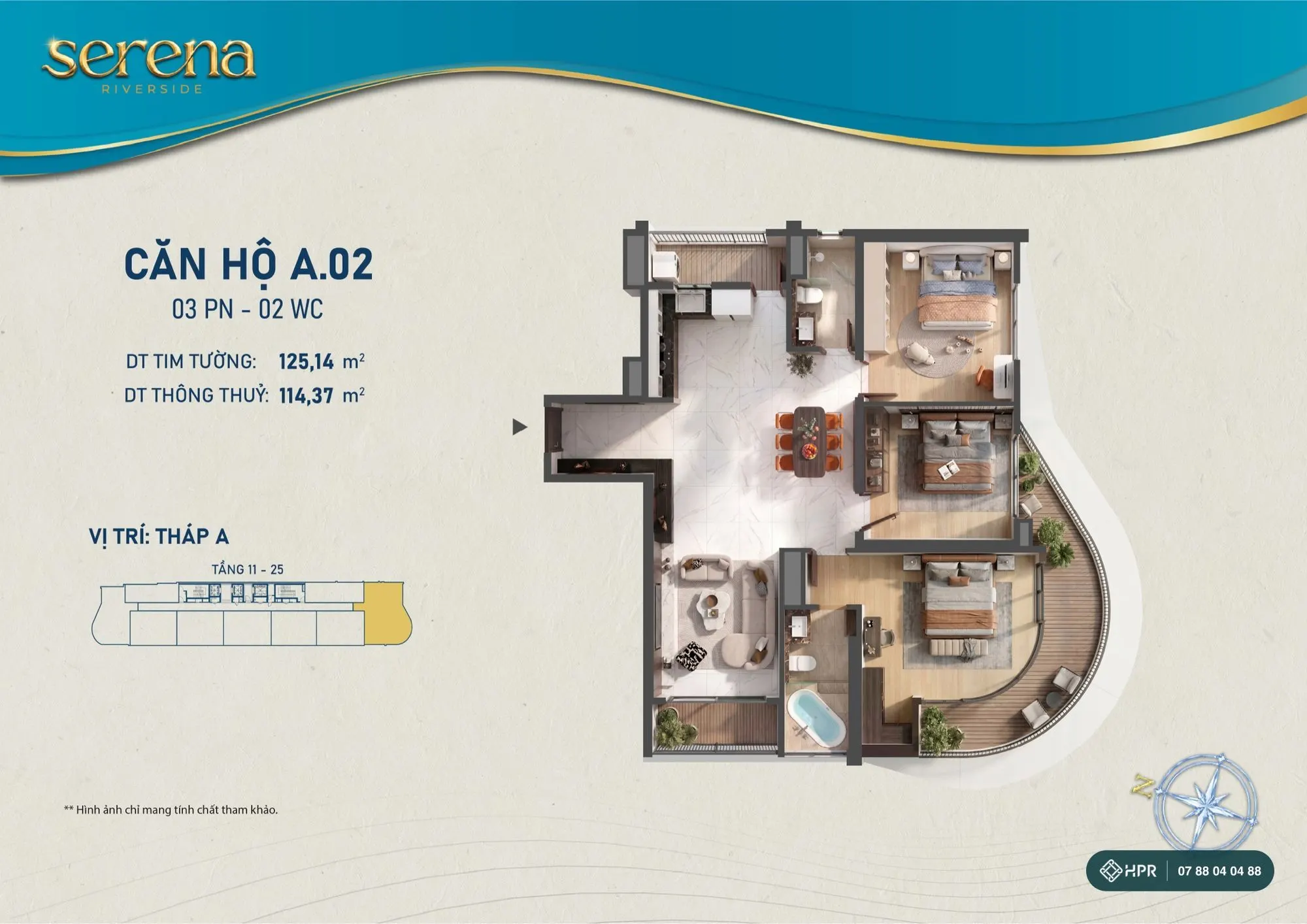 Layout căn hộ 3 phòng ngủ A.02 Serena Riverside